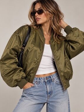 Ci Sono Olive Green Satin Bomber Jacket